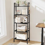 Ladder Shelf, Bookshelf Bookcase, Freestanding Corner Storage Shelve with 2 Hooks for Home Office, Living Room, Kitchen, Bedroom, Industrial, 5-Tier Black BC19304B