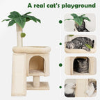 Meowoou Palm Cat Tree Tower for Indoor Cats with Cozy Cat Condo, 33'' Natural Sisal Scratching Posts and Plush Pom-pom for Small Kitty