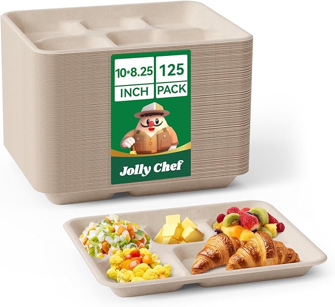 JOLLY CHEF Compostable 5 Compartment Paper Plates 10 * 8.25 * 1 inch 125 Pack Small Disposable Eco-Friendly Biodegradable Food Trays for Primary and Secondary School Students’ Lunch (Brown)