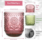 Topsky Vintage Drinking Glass Set of 4,12 oz Embossed Floral Drinkware Set,Colorful Drinking Glasses Cups Wine Glasses Colored Glassware for Whisky,Beer,Juice,Cocktail,Heavy Duty