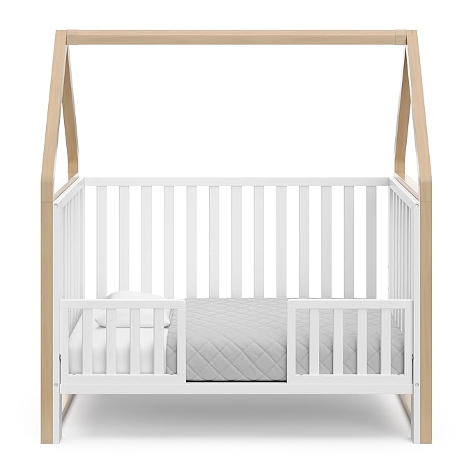 Storkcraft Orchard 5-in-1 Convertible Crib (White with Driftwood) – GREENGUARD Gold Certified, Canopy Style Baby Crib, Converts from Crib to Toddler Bed, Daybed and Full-Size Bed