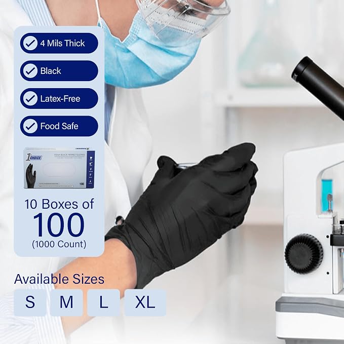 1st Choice Black Nitrile Gloves Disposable Latex Free - Exam Grade Black Gloves for Cooking, Medical, Dental, Cleaning - 4mil