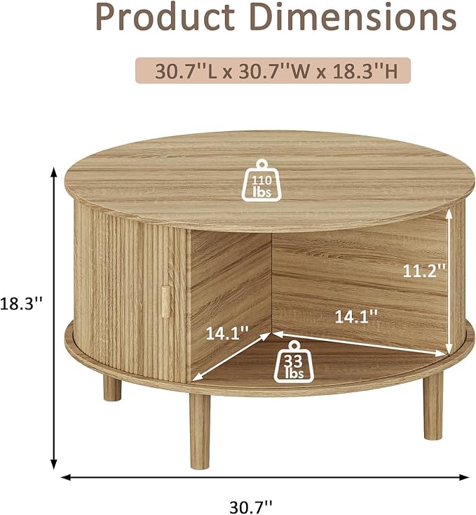 Coffee Table and TV Stand Set of 2, Round Center Table with Storage,Fluted Coffee Table with 360° Sliding Doors, 86.6" Entertainment Center for Bedroom, Living Room,Natural