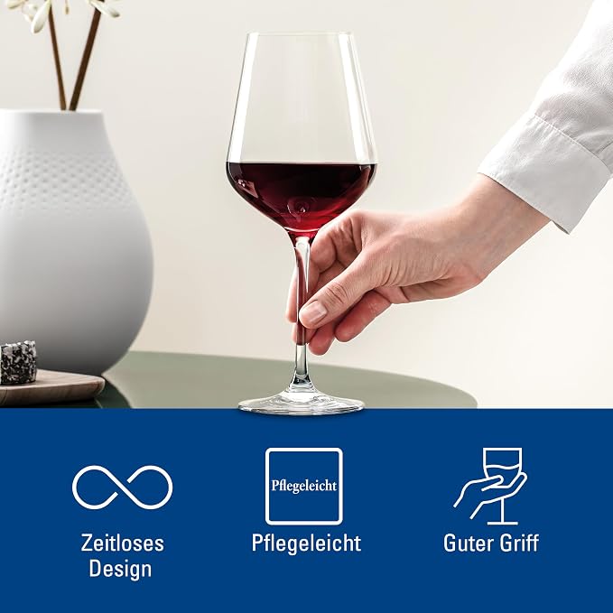 Villeroy & Boch La Divina Collection Bordeaux Goblet, Set of 4, Crystal Glass, 22 oz Capacity | Crystal glass Bordeaux goblets, made in Europe, dishwasher safe, curved lines showcase a classic red's bouquet