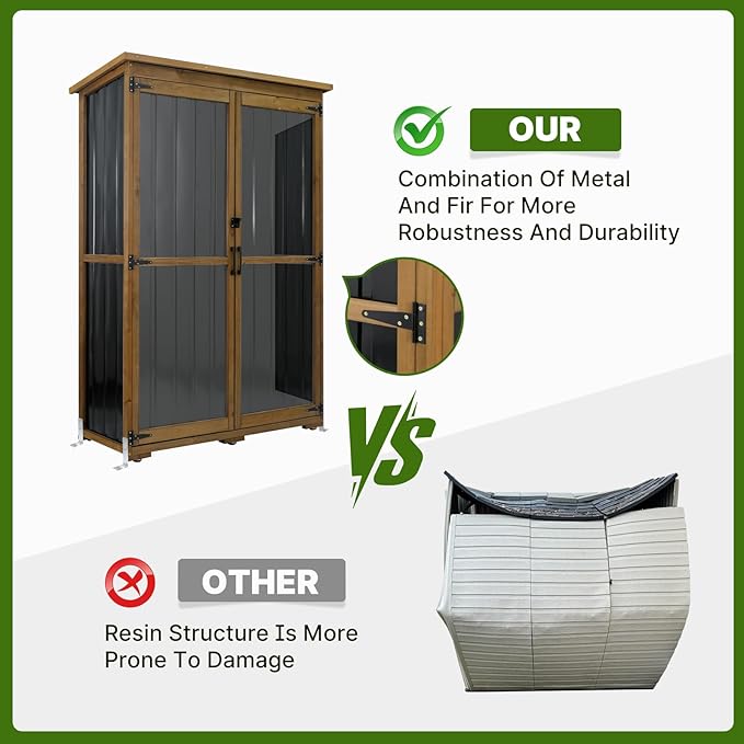 Outdoor Storage Cabinet Wood & Metal with Waterproof Roof, Garden Tool Shed with 4 adjustable reinforced feet with metal brackets, 3 Removable Shelves, 6 T-Hinge, Magnetic door,18.1"D x 49"W x 68.5"H