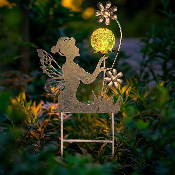 HONGLAND Fairy Garden Accesorries Solar Lights Garden Decor for Outside, Fairy Figurine Moon Lights Stake Housewarming Gifts for Patio Lawn Yard Pathway- Unique Gardening Gifts for Women Mom Grandma