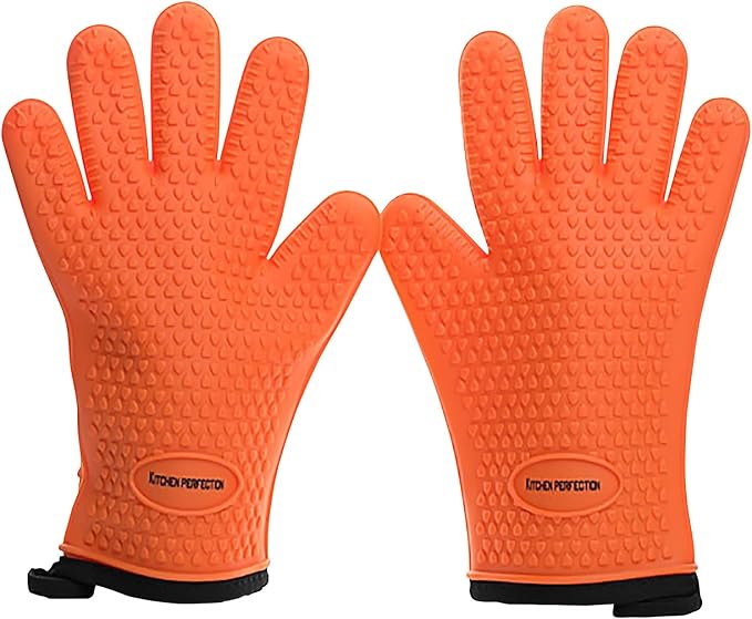 KITCHEN PERFECTION XL Silicone Smoker BBQ Gloves -Heat Resistant Oven Mitts | Waterproof, 5-Finger Design For A Better Grip, for Pitmasters, Meat Smoking, Grilling, Cooking, Frying Turkey | Grill Gift