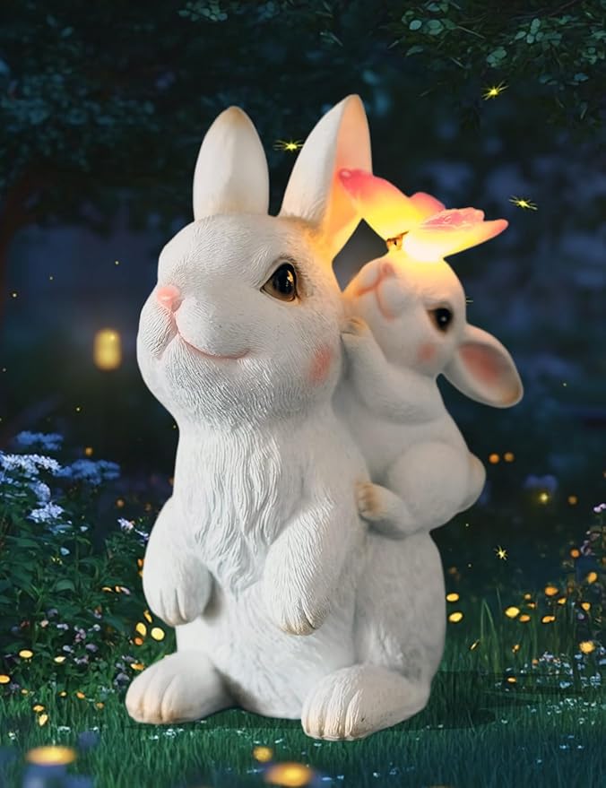 Solar Garden Statues Rabbit with Solar Lights,Mother&Baby Bunny Figurine with Butterfly Changing Lights for Yard Art Garden&Patio Decor,Unique Easter&Birthday Gifts for Women Mom Grandma