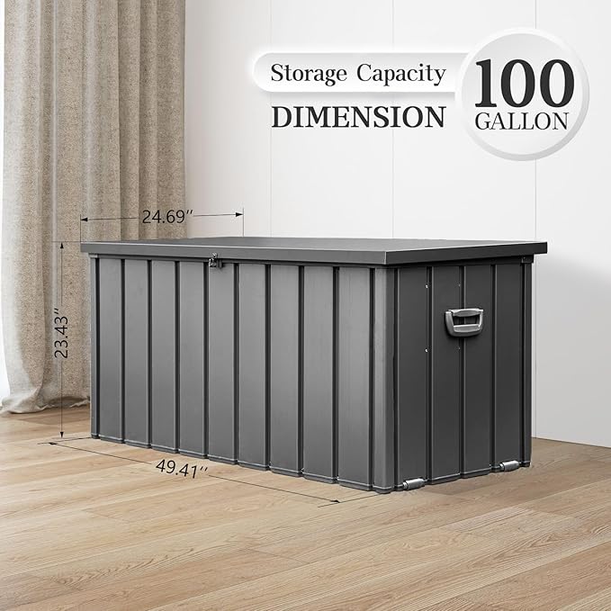 Domi 100-Gallon Outdoor Storage Box – Waterproof, Lockable Storage Cabinet for Patio Furniture, Garden Tools & Pool Supplies – Large Metal Storage for Cushions, Toys & More