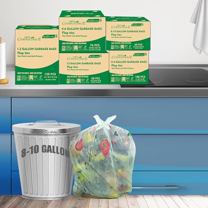 8-10 Gallon Flap Tie Compostable Trash Bags, 60 Count, Compost Bags Kitchen Trash Bags, Sturdy Biodegradable Garbage Bags Food Scrap Waste Bags, ASTM D6400, US BPI Certified