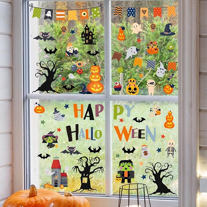 10 Sheets Halloween Window Clings Halloween Window Stickers Decorations Double-Sided Removable Castle Pumpkin Bat Glass Window Decals, Happy Halloween Window Clings for Kids Party Decorations