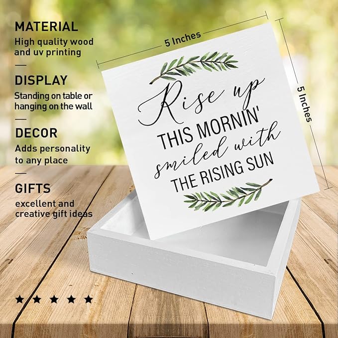 Home Office Desk Wooden Box Sign Decor, Rise Up This Mornin' Smiled with The Rising Sun, Inspirational Quotes Desk Decor Motivational Desk Decorations for Women Men Student Office Classroom School