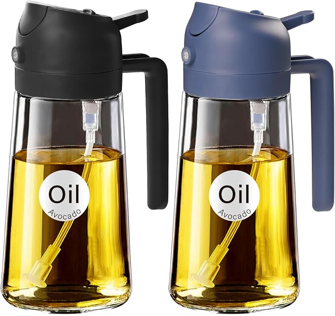 YARRAMATE 2Pcs 16oz/470ml Glass Olive Oil Sprayer for Cooking with Stickers, 2 in 1 Oil Dispenser for Kitchen Gadgets, Food Grade Premium Spray Bottle with Portion Control for Salad, BBQ (Black&Navy)