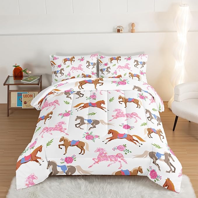 HOSIMA Kawaii Pink Rose Horse Queen Comforter Set,Cute Animal Horse Bedding Girls Teens Aesthetic Room Decor,Princess Toddler Bedding Set Cowboy Cowgirl Colorful Pony Queen Size Bed in a Bag.