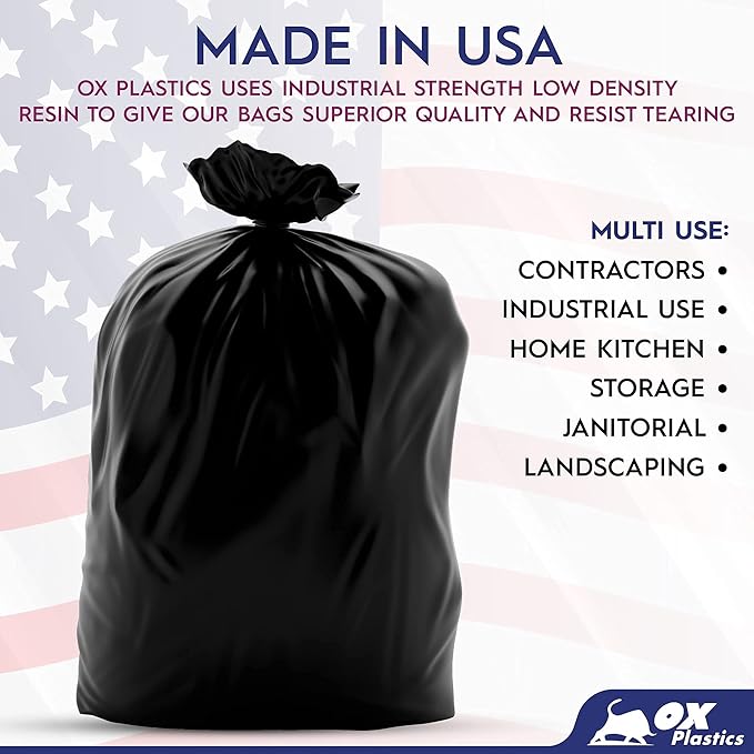 Ox Plastics Trash Can Liners Bags - 60 Gallon Capacity & 3mil Thick Extra Heavy Duty Strength - 50 Large Garbage, Leak-Proof & Durable, House & Commercial Use Bags Black