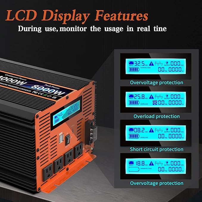 4000 Watt Pure Sine Wave Power Inverter 24V DC to 110V 120V Converter for Family RV Off Grid Solar System Car with Type-C Ports 4 AC Power Outlets Dual USB Ports LCD Display and Remote Control