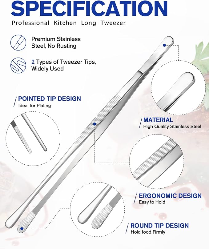 4 Pcs Fine Long Tweezer Tongs Professional Silver, 12'' and 10'' Stainless Steel for Kitchen, Food, Cooking, Repairing, Sea food and BBQ