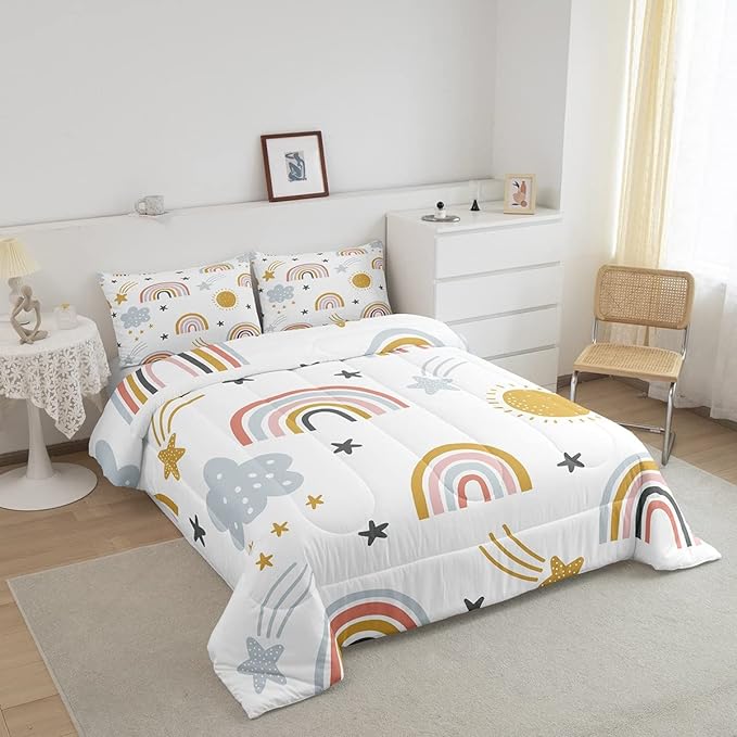 Erosebridal Girls Rainbow Bedding Set, Sun and Stars Comforter Set Queen Size for Kids Boys Children Cartoon Style Cloud Bedding Comforters Girly Soft Microfiber Duvet Insert for Bedroom Decor