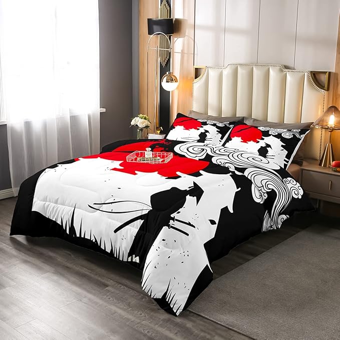 Erosebridal Samurai Comforter Set Twin Size, Sunset Print Down Comforter, Japan Quilted Duvet, Building Silhouette Breathable Quilt Set, Japanese Ukiyoe Bedding Set, Ultra Lightweight