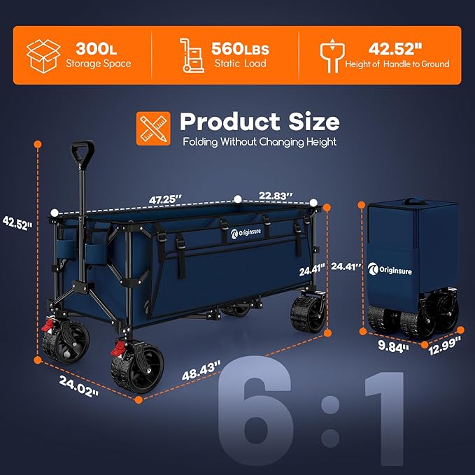 48" L Collapsible Wagon Cart Foldable, 560lbs Weight Capacity 300L Heavy Duty Folding Beach Wagons with Big All-Terrain Wheels, Utility Carts for Groceries, Shopping, Camping, Sports - Blue