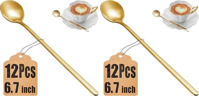 12 Pcs Coffee Spoons Set, 6.7" Gold Tea Spoons Long Handle, Gold Small Teaspoons, Stainless Steel Espresso Spoon, Long Spoon for Stirring, Coffee Bar Accessories (Pack of 2)