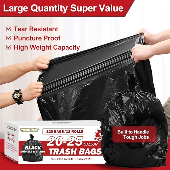 Black Trash Bags 20-25 Gallon 120 Count - 30" x 33" Large Kitchen Garbage Bags, 20+ Gallon Trash Can Liners Unscented, Multipurpose for Home, Office, Daily Household Use