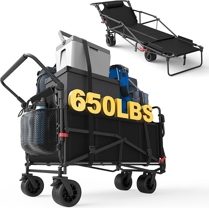 LEVELEVE Heavy Duty Folding Wagon - 2-in-1 Collapsible Cart, 650lb Capacity, All-Terrain Wheels w/Brakes & Side Pockets (Black)