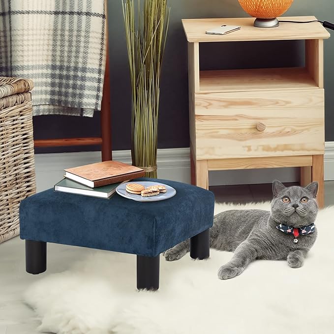 Joveco Small Foot Rest Stool Ottoman, 15" Fabric Square Short Low Footstool Upholstered Footrest for Chair, Under Office Desk, Living Room, Navy Blue