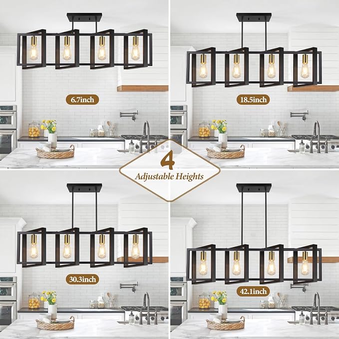 4-Light Dining Room Light Fixture, 53’’ Farmhouse Wood Chandelier Kitchen Island Lighting Over Table, Modern Black Gold Rectangular Hanging Pendant Light Fixture for Living Room, E26 Sockets