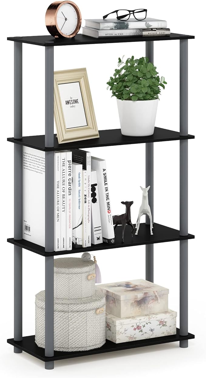 Furinno (99557BK/GY) Turn-N-Tube 4-Tier Multipurpose Shelf Display Rack - Black/Grey