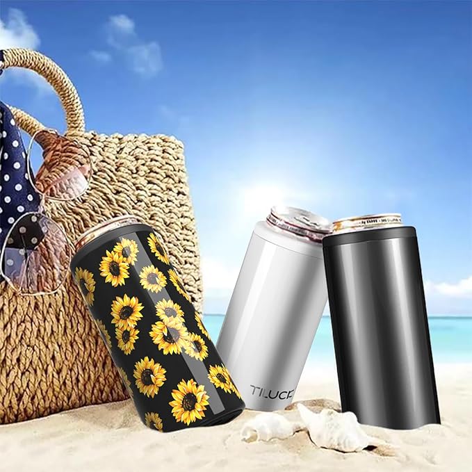TILUCK Skinny Can Cooler, Stainless Steel Insulated Slim Cans, 12 oz | Beer & Hard Seltzer, Doucle-Walled Stainless Steel Insulated Slim Cans, Slim 12 oz(Glitter Black)