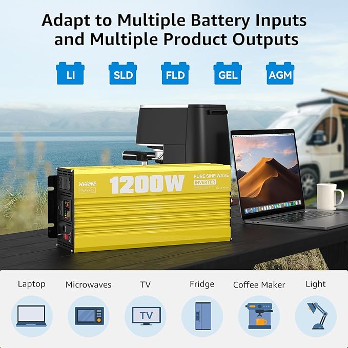 XWJNE 1200 Watt Pure Sine Wave Inverter 12V DC to 120V AC 2400W Peak Power with LED Display for RV Car Truck Off-Grid Solar Power