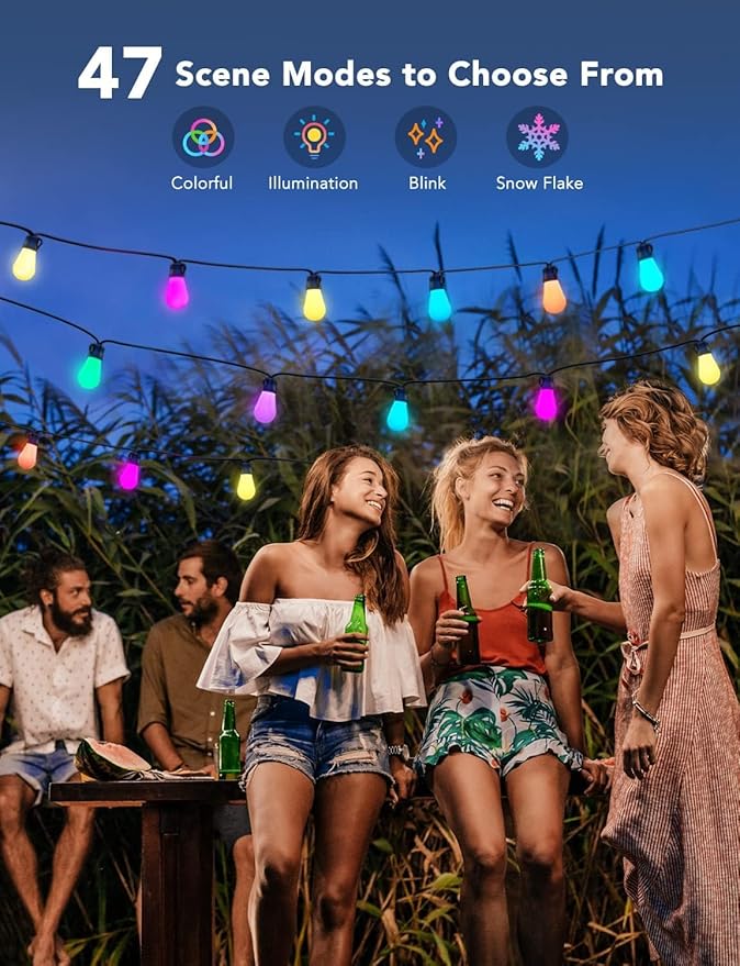 Govee Smart Outdoor String Lights H7029, 24ft RGBIC Outdoor Lights with 8 Dimmable LED Bulbs, IP65 Waterproof, Color Changing Warm White Lights with 47 Scene Modes for Patio, Backyard, App Control