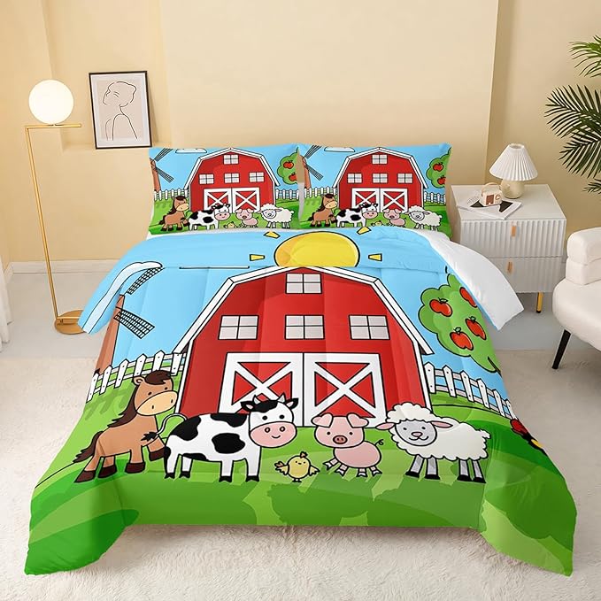 Farm Animals Comforter,Farmhouse Comforter Set for Kids Teens Girls Boys,Cartoon Animals 3Pcs Bedding Set Printed Comforter with 2 Pillowcases,Down Alternative,Soft and Lightweight，Queen Size