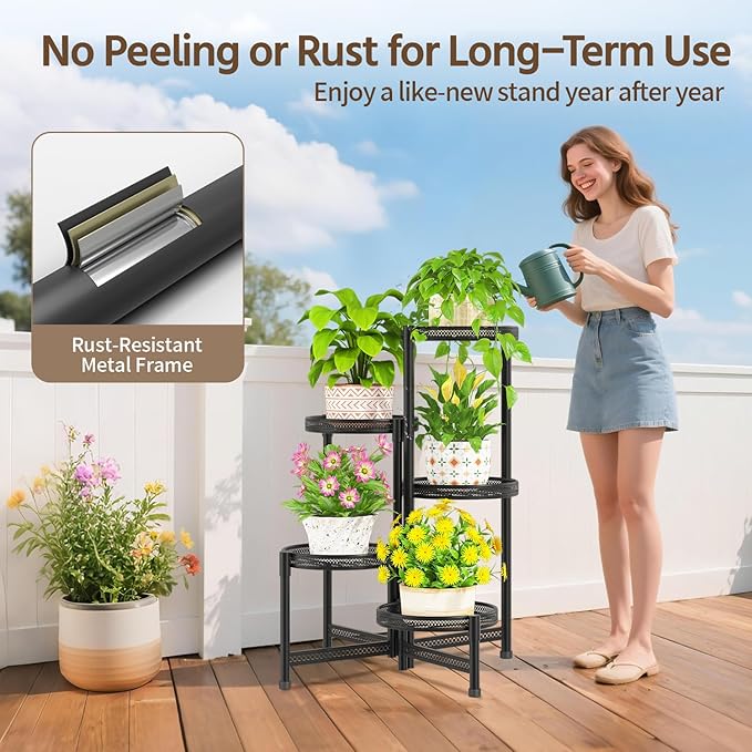 LASZOLA 5 Tiered Folding Tall Plant Stand for Indoor Outdoor Corner, Larger Heavy Duty Metal Adjustable Multiple Rack with 10 Inch Wide Hollow Tray, Flower Planter Holder for Modern House Patio, Black