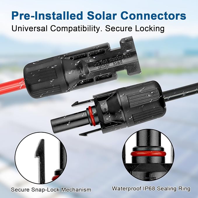 XRDS -RF Solar Extension Cable 10AWG, 50FT Red & Black Solar Panel Wire with Solar Connectors, PV Wire with Disconnect Wrenches & Extra Male/Female Connectors for RV, Camper, Inverter, Off-Grid System