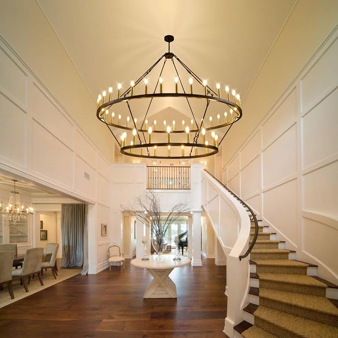 60 Inch Farmhouse Wagon Wheel Chandelier, 2 Tier 54-Lights Round Chandelier for Living Room, Rustic Black and Gold Chandelier, Extra Large Foyer Chandeliers for High Ceilings, for Staircase, Entryway