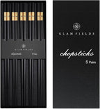 GLAMFIELDS 5 Pairs Premium Chopsticks Reusable Dishwasher Safe 9.5 Inch Fiberglass Chop Sticks Gift Set Non Slip Black+Gold