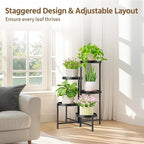 LASZOLA 5 Tiered Folding Plant Stand Indoor for Multiple Large Planter, Tall Heavy Duty Adjustable Rack with Rust Proof 10 Inch Wide Tray, Sturdy Vertical Tree Organizer for Narrow Inside Floor, Black