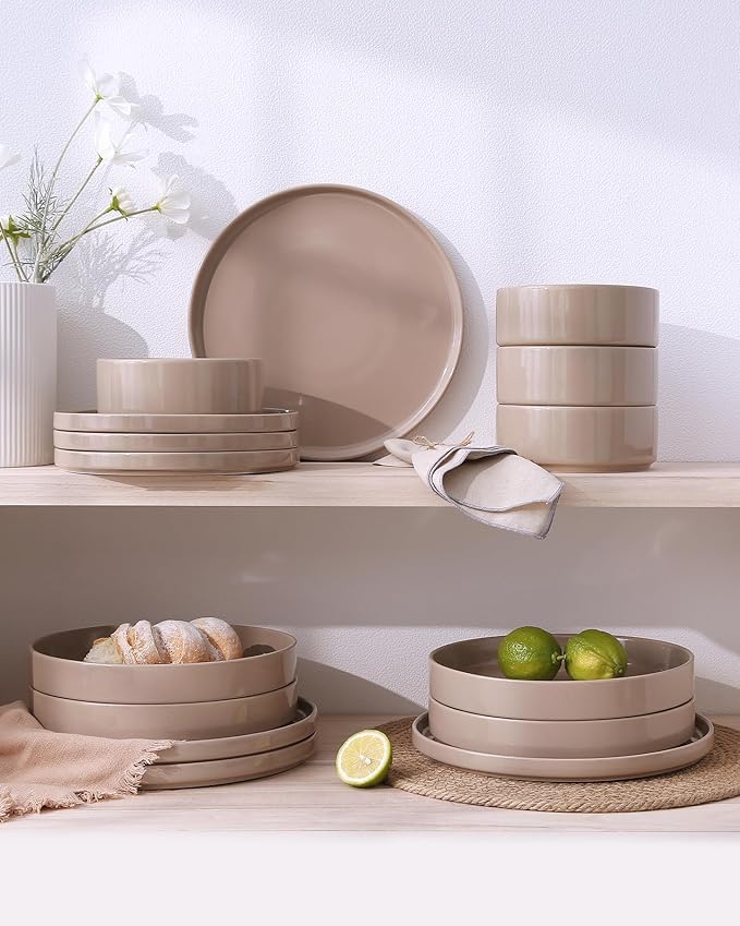 Famiware Nebula Plates and Bowls Sets, 18 Pieces Dinnerware Sets, Dishes Set for 6, Cinnamon Brown