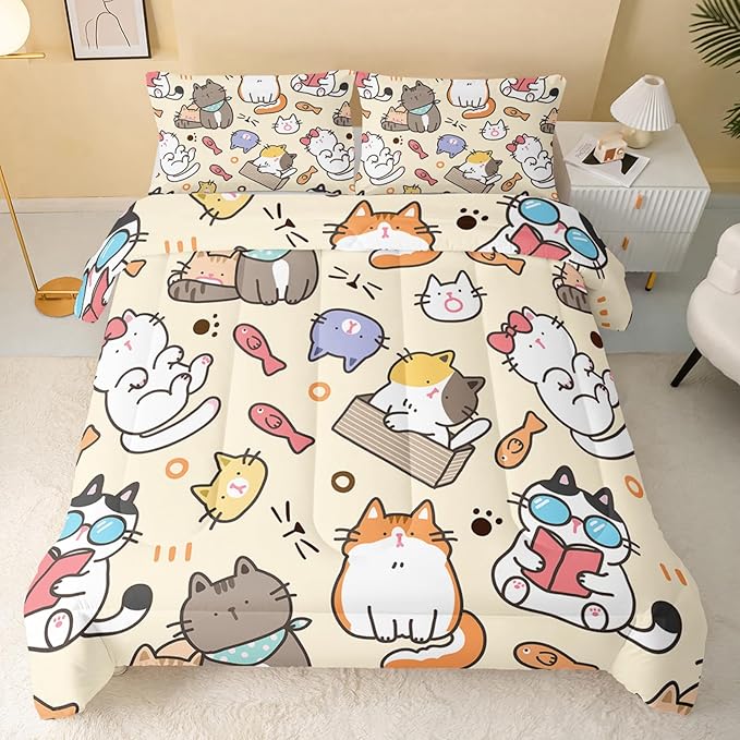 Kawaii Cat Comforter Full,Kawaii Animals Comforter Set for Kids Teens Girls,3Pcs Bedding Set Printed Comforter with 2 Pillowcases,Down Alternative,Soft and Lightweight，Full Size