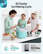 EUHOMY Countertop Ice Maker Machine with Handle, 26lbs Per Day, 9 Ice Cubes Ready in 6 Mins, Auto-Cleaning Portable Ice Maker with Basket and Scoop, for Home/Kitchen/Camping/RV (Green)