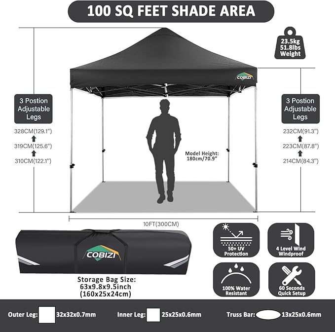 COBIZI 10x10 Pop Up Canopy Without Sidewall,Heavy Duty Canopy UPF 50+ All Season Wind Waterproof Commercial Outdoor Wedding Party Tents for Parties Canopy Gazebo with Carry Bag(10 x 10 ft Black)