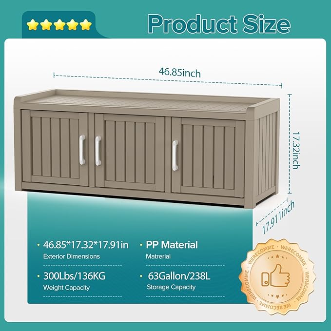 ROJIK Shoe Cabinet Waterproof UV-Resistant,Storage Bench Indoor Outdoor with Adjustable Shelves,for Entryway Bedroom,Hallway,Living Room(3 Door,Grey)