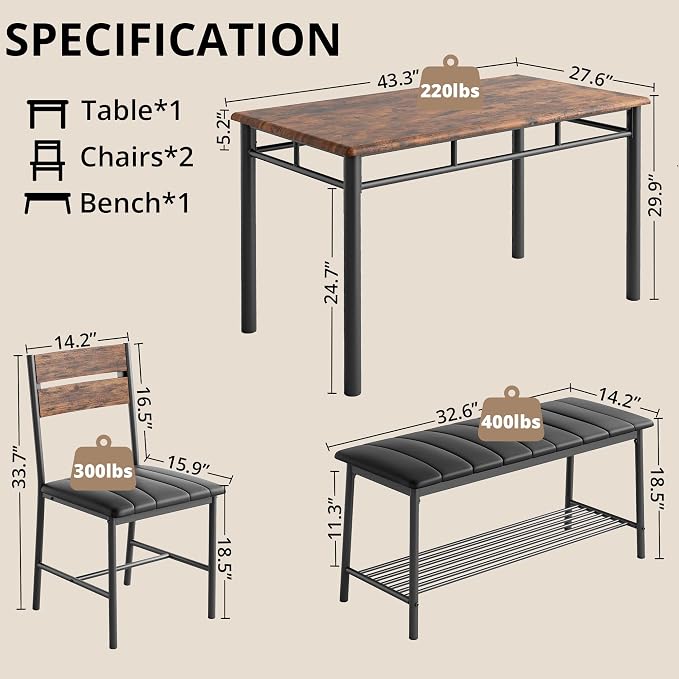 IRONCK Dining Table Set for 4, Kitchen Table and Chairs Set, Rustic Brown | Kitchen Table with Upholstered Bench and 2 Chairs for Small Space, Apartment