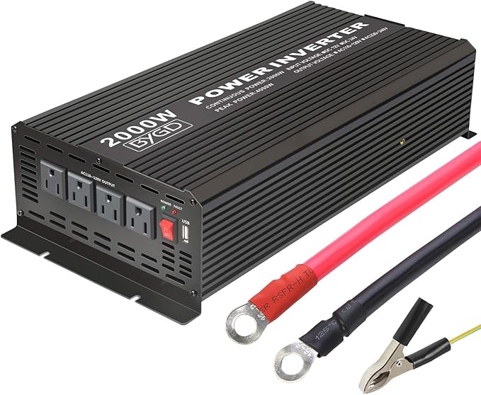 BYGD 2000W Power Inverter 12V DC to 110V AC Inverter Converter with 4 AC Outlets Dual 2.1A USB Ports for Home, RV, Boat, Truck, Off-Grid Solar System