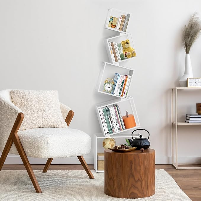 Bookshelf, Unique 5-Tier 67” Tall Bookshelves, Modern Geometric Bookcases Cool Metal Book Shelf, Corner Bookshelf for Bedroom, Living Room, Home Office (White)