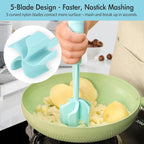 Ourokhome Meat Chopper and Potato Masher, Heat Resistant Nylon Ground Beef Smasher for Hamburger, 5 Curved Blades Nonstick Safe Mixer & Stirrer, Practical Kitchen Gadgets, Mint