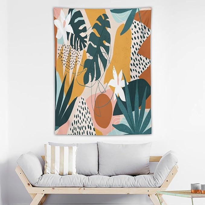 Abstract Bohemian Mid Century Tapestry, Tropical Leaves Modern Geometric Archway Minimalist Bohemian Botanical Aesthetic Wall Hanging, Sage Green Gold Home Decor Art for Bedroom 50x60 Inch