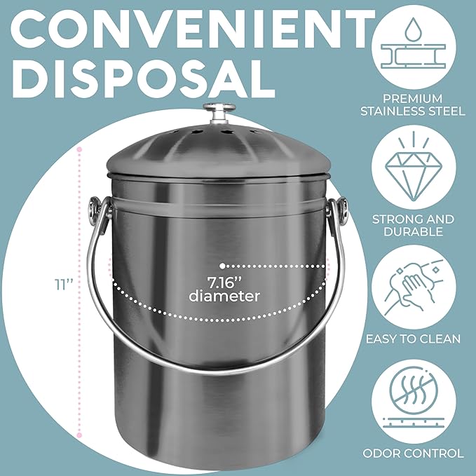 EPICA Countertop Compost Bin Kitchen | 1.3 Gallon | Odorless Composting Bin with Carbon Filters | Indoor Compost Bin with Lid | Stainless Steel Kitchen Composter for Food Scraps & Waste Recycling